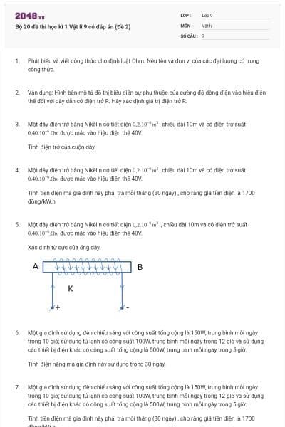 Bộ 20 đề thi học kì 1 Vật lí 9 có đáp án (Đề 2)