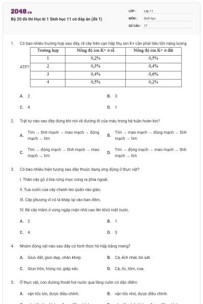 Bộ 20 đề thi Học kì 1 Sinh học 11 có đáp án (đề 1)
