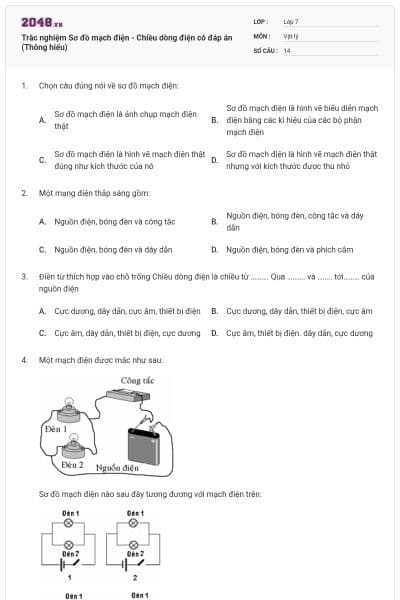 Trắc nghiệm Sơ đồ mạch điện - Chiều dòng điện có đáp án (Thông hiểu)