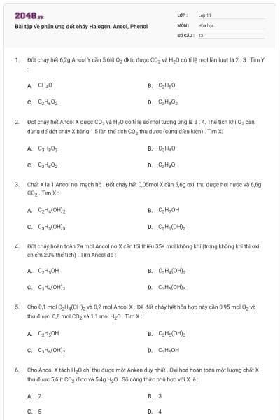 Bài tập về phản ứng đốt cháy Halogen, Ancol, Phenol