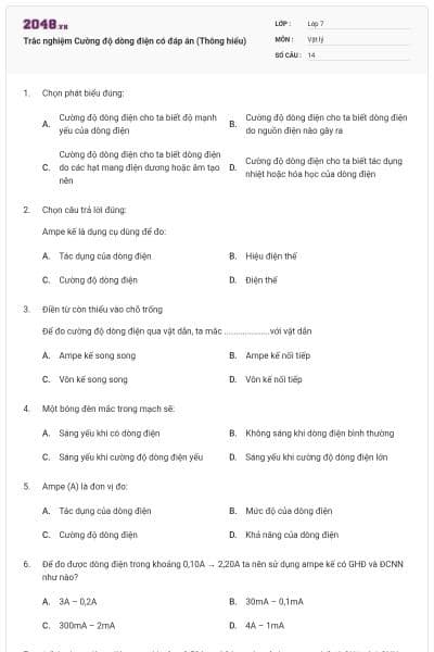 Trắc nghiệm Cường độ dòng điện có đáp án (Thông hiểu)