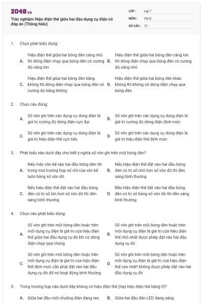 Trắc nghiệm Hiệu điện thế giữa hai đầu dụng cụ điện có đáp án (Thông hiểu)
