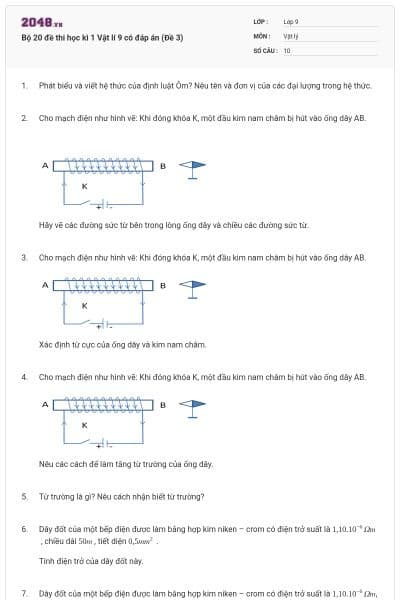 Bộ 20 đề thi học kì 1 Vật lí 9 có đáp án (Đề 3)