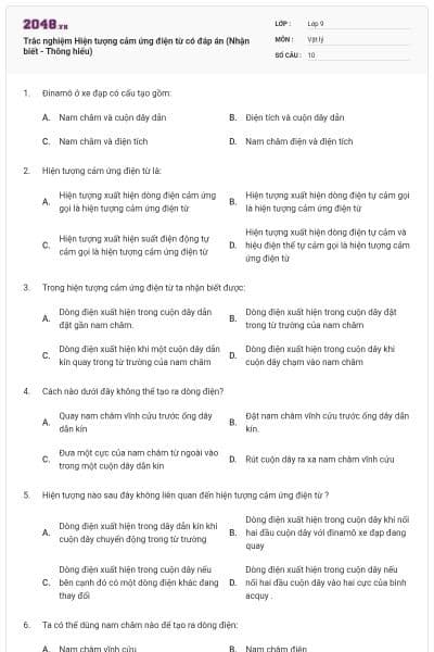 Trắc nghiệm Hiện tượng cảm ứng điện từ có đáp án (Nhận biết - Thông hiểu)