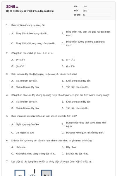 Bộ 20 đề thi học kì 1 Vật lí 9 có đáp án (Đề 5)