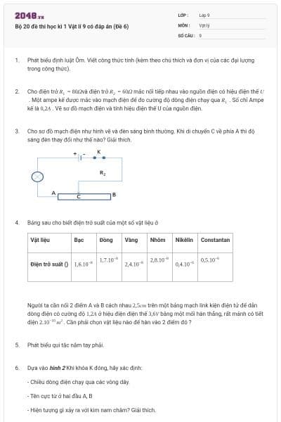 Bộ 20 đề thi học kì 1 Vật lí 9 có đáp án (Đề 6)