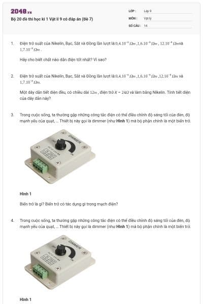 Bộ 20 đề thi học kì 1 Vật lí 9 có đáp án (Đề 7)