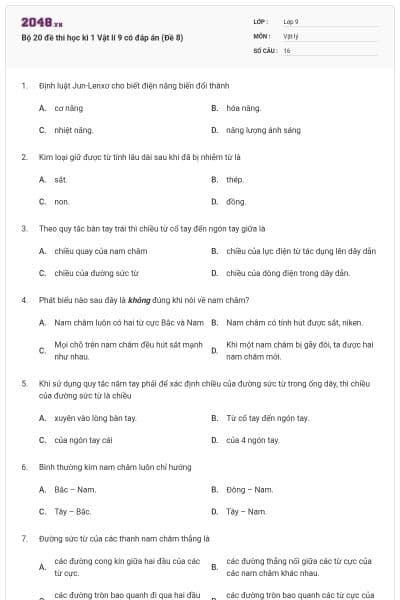 Bộ 20 đề thi học kì 1 Vật lí 9 có đáp án (Đề 8)