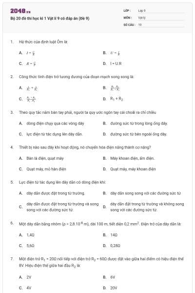 Bộ 20 đề thi học kì 1 Vật lí 9 có đáp án (Đề 9)