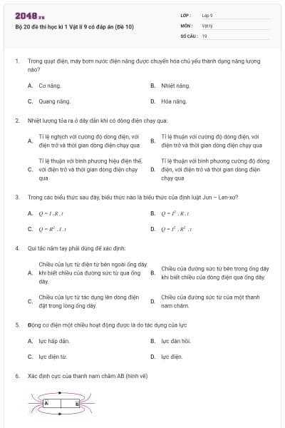 Bộ 20 đề thi học kì 1 Vật lí 9 có đáp án (Đề 10)