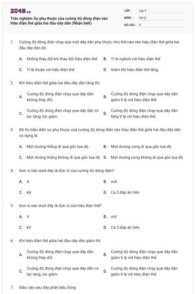 Trắc nghiệm Sự phụ thuộc của cường độ dòng điện vào hiệu điện thế giữa hai đầu dây dẫn (Nhận biết)
