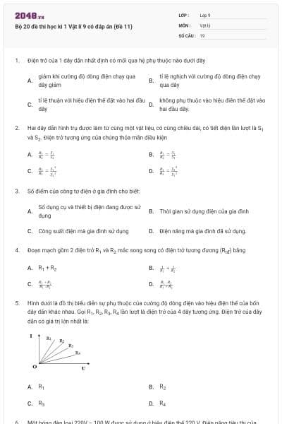 Bộ 20 đề thi học kì 1 Vật lí 9 có đáp án (Đề 11)