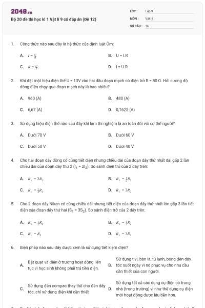 Bộ 20 đề thi học kì 1 Vật lí 9 có đáp án (Đề 12)