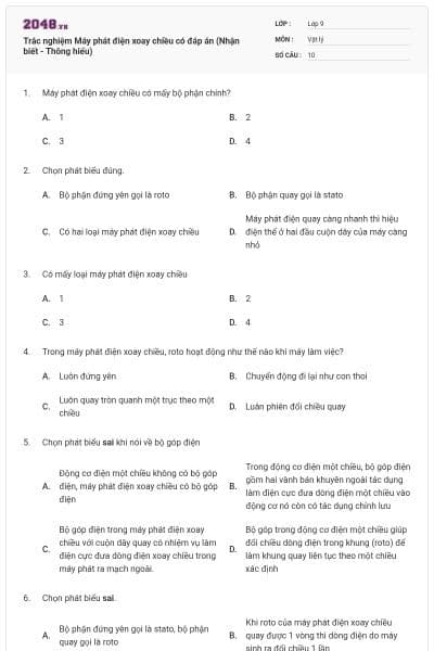 Trắc nghiệm Máy phát điện xoay chiều có đáp án (Nhận biết - Thông hiểu)