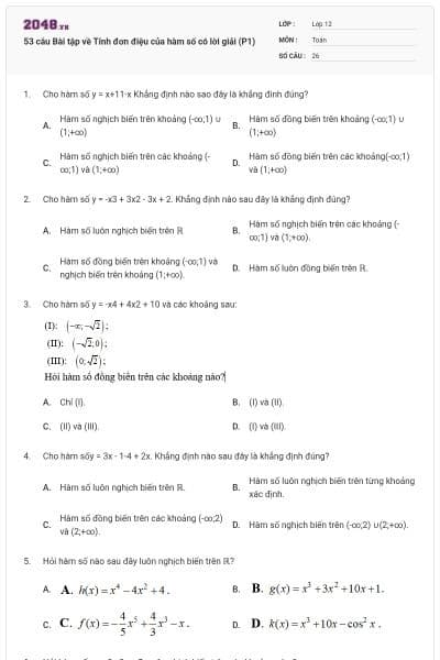 53 câu Bài tập về Tính đơn điệu của hàm số có lời giải (P1)