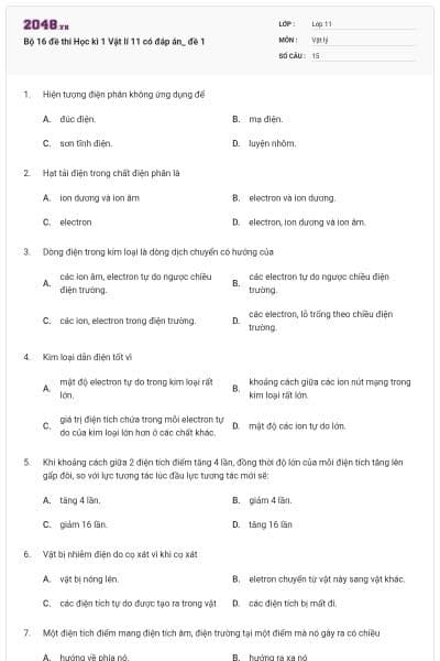 Bộ 16 đề thi Học kì 1 Vật lí 11 có đáp án_ đề 1