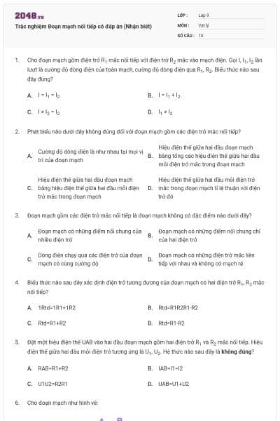 Trắc nghiệm Đoạn mạch nối tiếp có đáp án (Nhận biết)