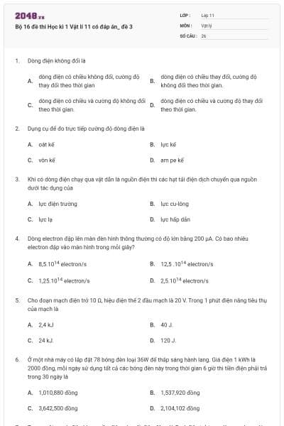 Bộ 16 đề thi Học kì 1 Vật lí 11 có đáp án_ đề 3