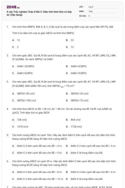 8 câu Trắc nghiệm Toán 8 Bài 5: Diện tích hình thoi có đáp án (Vận dụng)