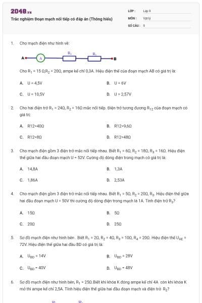 Trắc nghiệm Đoạn mạch nối tiếp có đáp án (Thông hiểu)