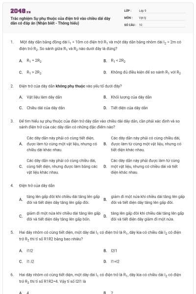 Trắc nghiệm Sự phụ thuộc của điện trở vào chiều dài dây dẫn có đáp án (Nhận biết - Thông hiểu)