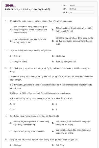 Bộ 20 đề thi Học kì 1 Sinh học 11 có đáp án (đề 5)