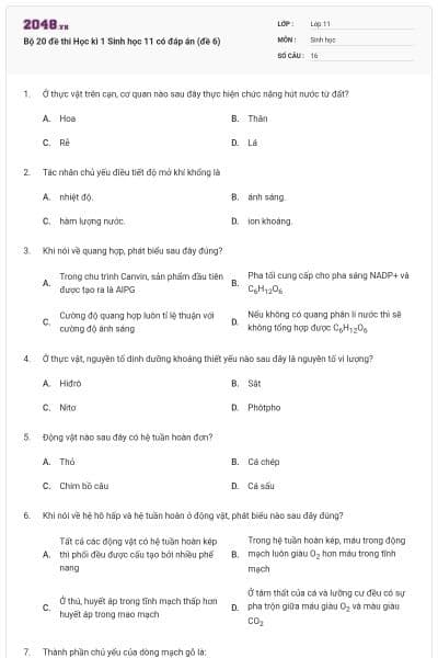 Bộ 20 đề thi Học kì 1 Sinh học 11 có đáp án (đề 6)