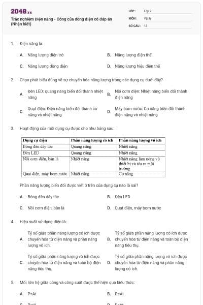 Trắc nghiệm Điện năng - Công của dòng điện có đáp án (Nhận biết)