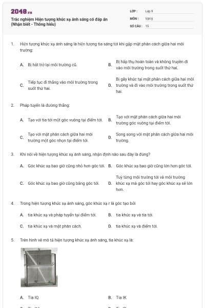 Trắc nghiệm Hiện tượng khúc xạ ánh sáng có đáp án (Nhận biết - Thông hiểu)