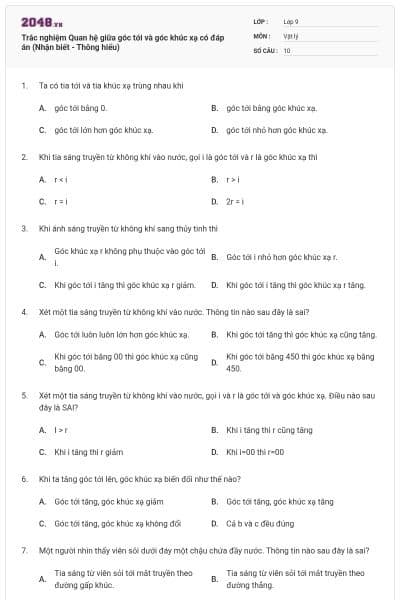 Trắc nghiệm Quan hệ giữa góc tới và góc khúc xạ có đáp án (Nhận biết - Thông hiểu)
