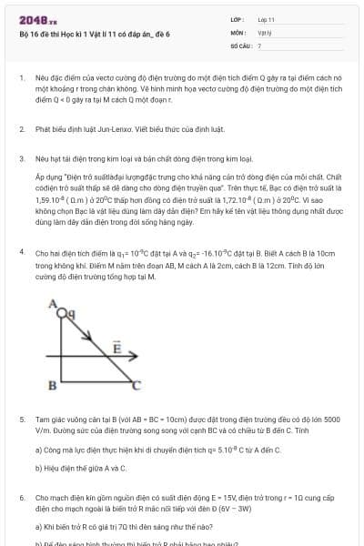 Bộ 16 đề thi Học kì 1 Vật lí 11 có đáp án_ đề 6