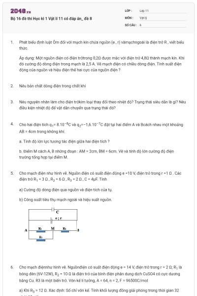 Bộ 16 đề thi Học kì 1 Vật lí 11 có đáp án_ đề 8