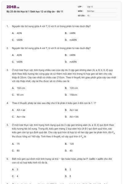 Bộ 25 đề thi Học kì 1 Sinh học 12 có đáp án - Đề 11