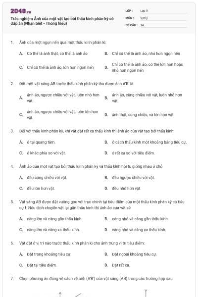 Trắc nghiệm Ảnh của một vật tạo bởi thấu kính phân kỳ có đáp án (Nhận biết - Thông hiểu)