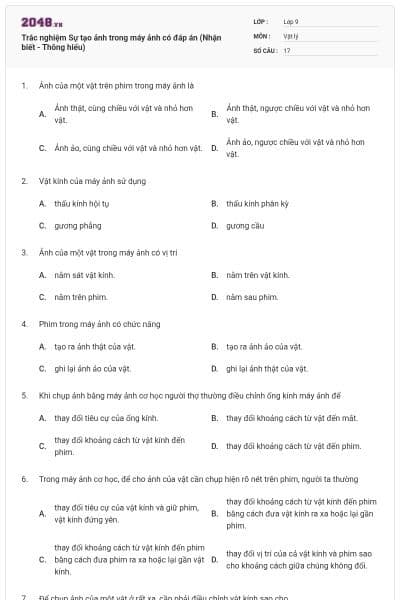 Trắc nghiệm Sự tạo ảnh trong máy ảnh có đáp án (Nhận biết - Thông hiểu)