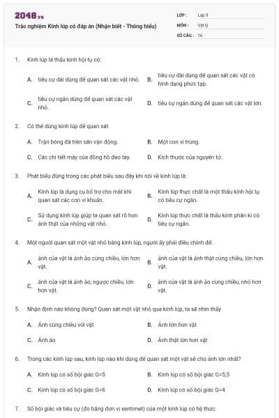 Trắc nghiệm Kính lúp có đáp án (Nhận biết - Thông hiểu)