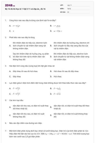 Bộ 16 đề thi Học kì 1 Vật lí 11 có đáp án_ đề 16