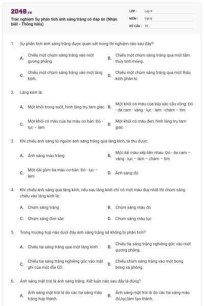 Trắc nghiệm Sự phân tích ánh sáng trắng có đáp án (Nhận biết - Thông hiểu)