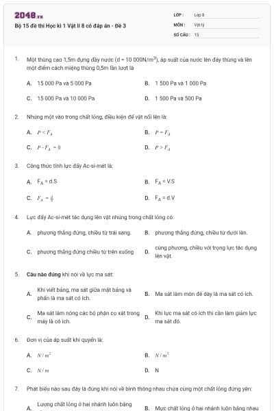 Bộ 15 đề thi Học kì 1 Vật lí 8 có đáp án - Đề 3