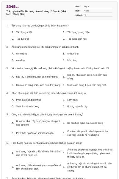 Trắc nghiệm Các tác dụng của ánh sáng có đáp án (Nhận biết - Thông hiểu)