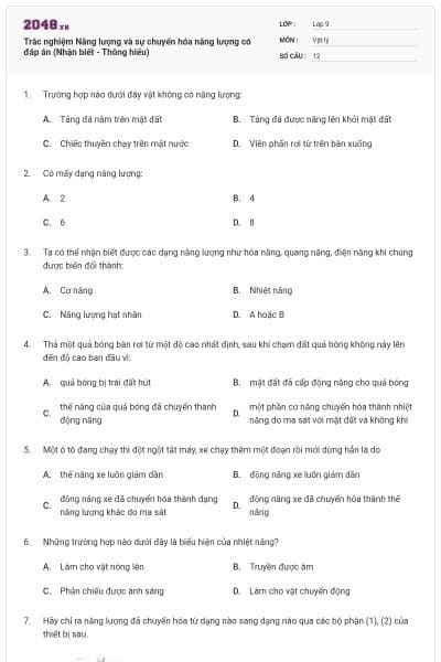 Trắc nghiệm Năng lượng và sự chuyển hóa năng lượng có đáp án (Nhận biết - Thông hiểu)
