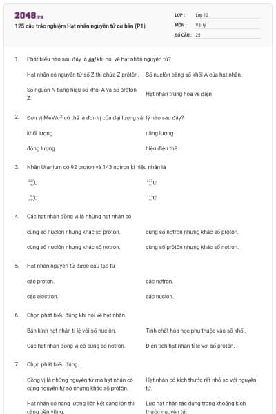 125 câu trắc nghiệm Hạt nhân nguyên tử cơ bản (P1)
