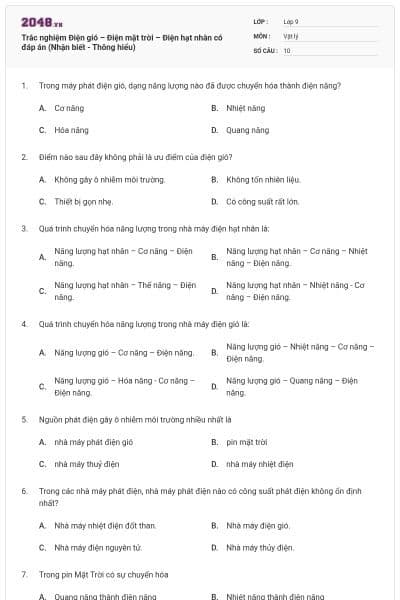 Trắc nghiệm Điện gió – Điện mặt trời – Điện hạt nhân có đáp án (Nhận biết - Thông hiểu)