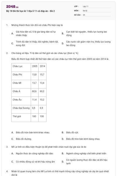 Bộ 18 Đề thi học kì 1 Địa lí 11 có đáp án - Đề 2