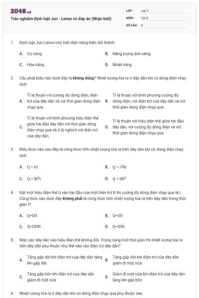 Trắc nghiệm Định luật Jun - Lenxo có đáp án (Nhận biết)