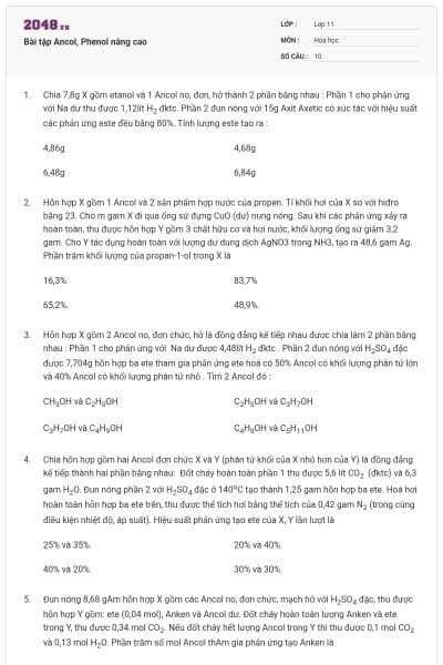 Bài tập Ancol, Phenol nâng cao
