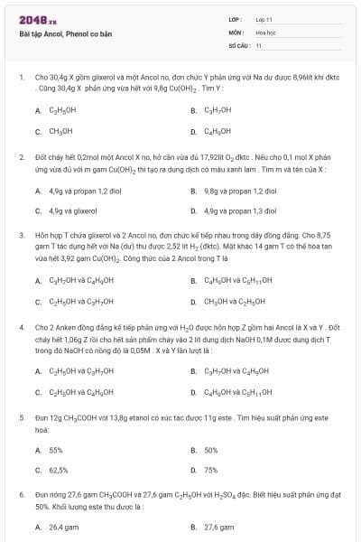 Bài tập Ancol, Phenol cơ bản