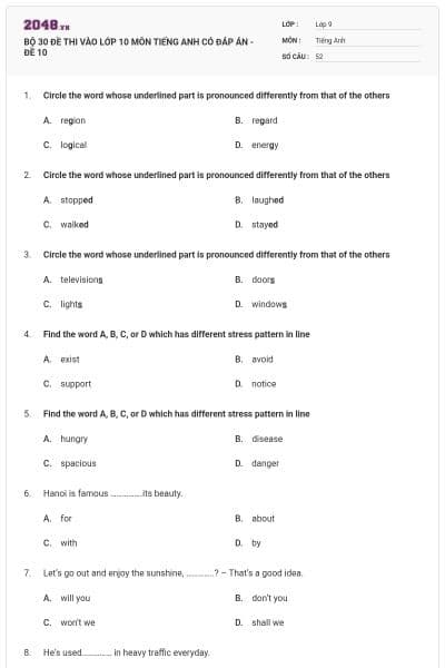 BỘ 30 ĐỀ THI VÀO LỚP 10 MÔN TIẾNG ANH CÓ ĐÁP ÁN - ĐỀ 10