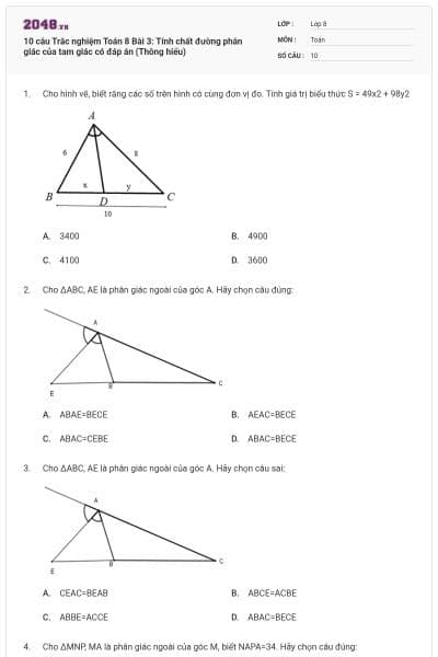 10 câu Trắc nghiệm Toán 8 Bài 3: Tính chất đường phân giác của tam giác có đáp án (Thông hiểu)