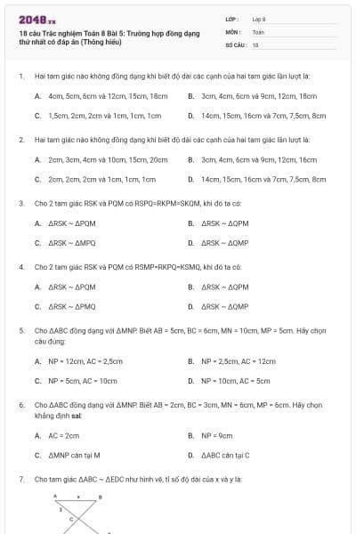 18 câu Trắc nghiệm Toán 8 Bài 5: Trường hợp đồng dạng thứ nhất có đáp án (Thông hiểu)